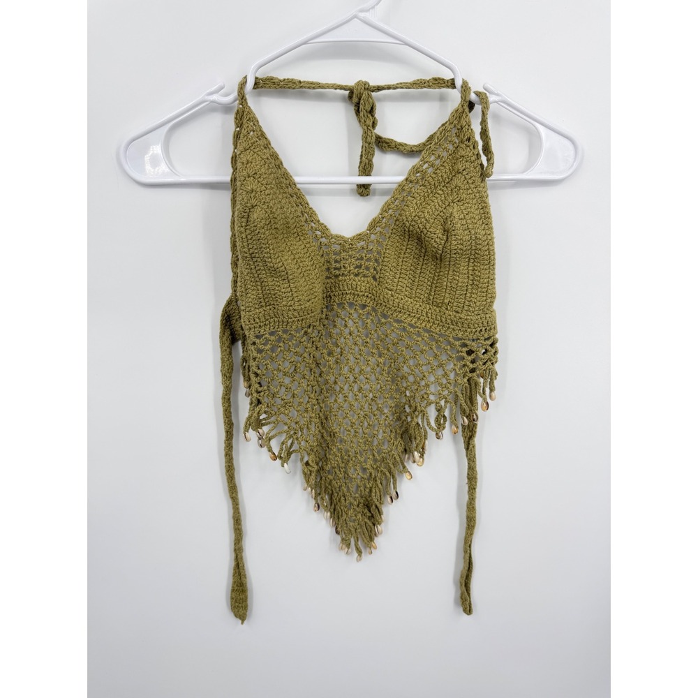 Island Planet Crochet Halter Top sz OS Olive Green Cowrie Shell Boho Festival